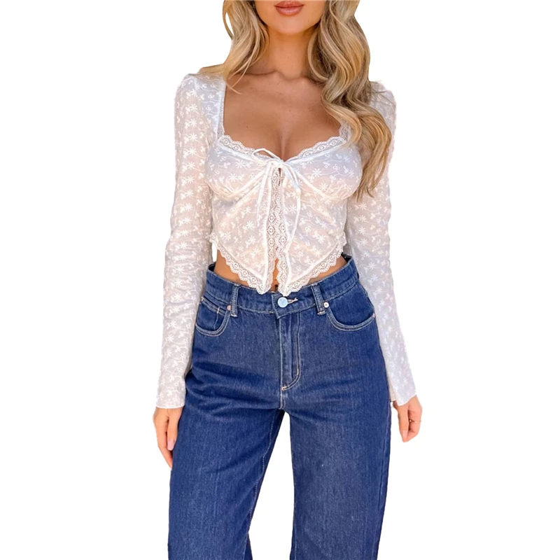 

Укороченные топы y2k, эстетичная одежда, Женская Прозрачная жаккардовая рубашка с длинным рукавом и цветочным принтом, кардиган, одежда для клуба, уличная одежда