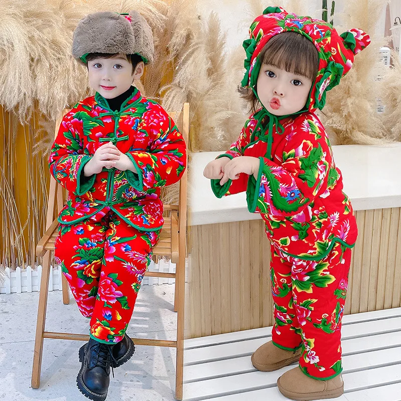 

Children's Chinese Northeast Big Flower Cotton Padded Clothes Ethnic Style Performance Girl Boy Thickened New Year Winter Jacket