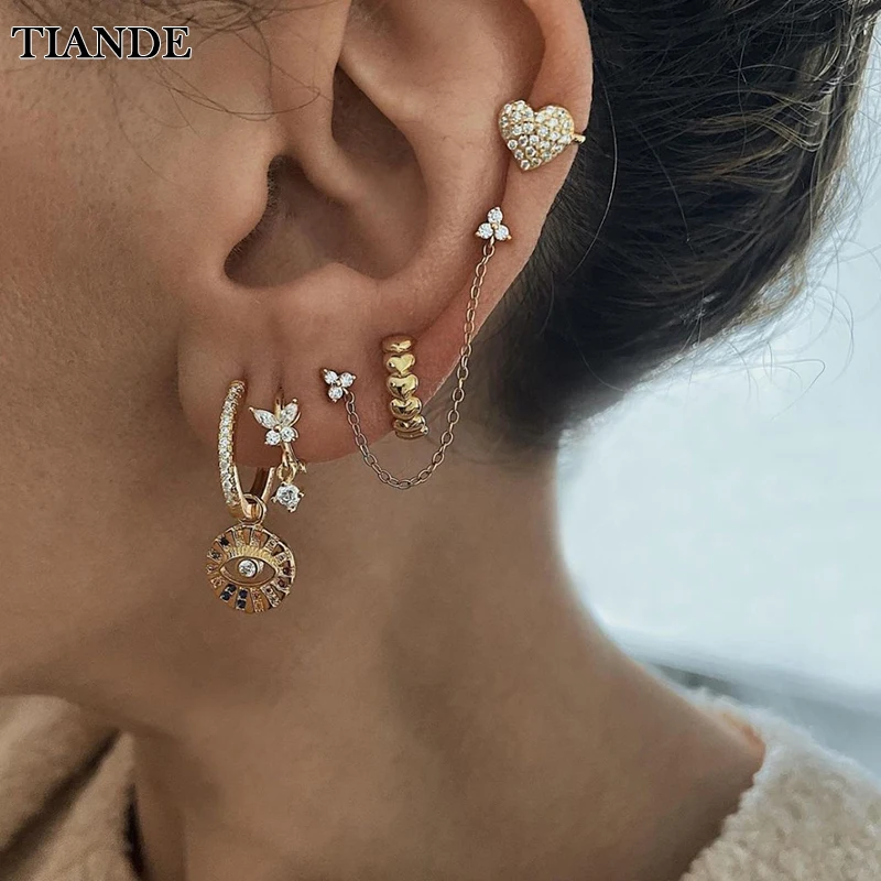 

TIANDE Gold Plated Heart Ear Cuffs Earrings for Women Zircon Chain Stud Butterfly Hoop Drop Earrings 2022 Jewelry Wholesale