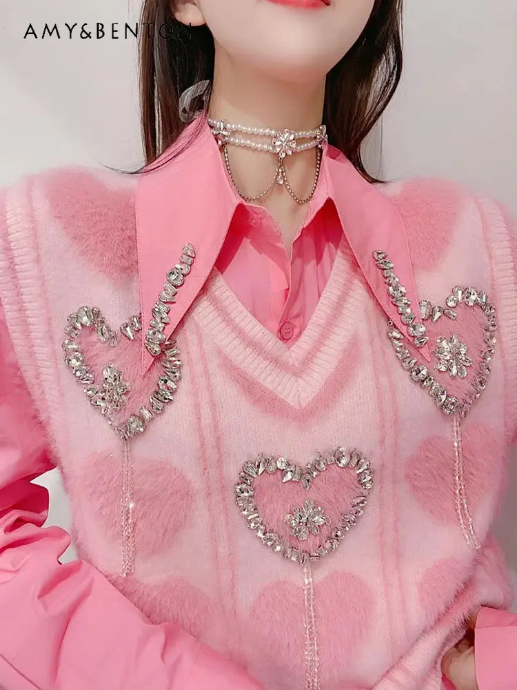 Exquisite Rhinestone Love Mink Sweater Women's Vests and Shirt Sets Winter Long Sleeve Underwear Blouse Fashion Two-Piece Set