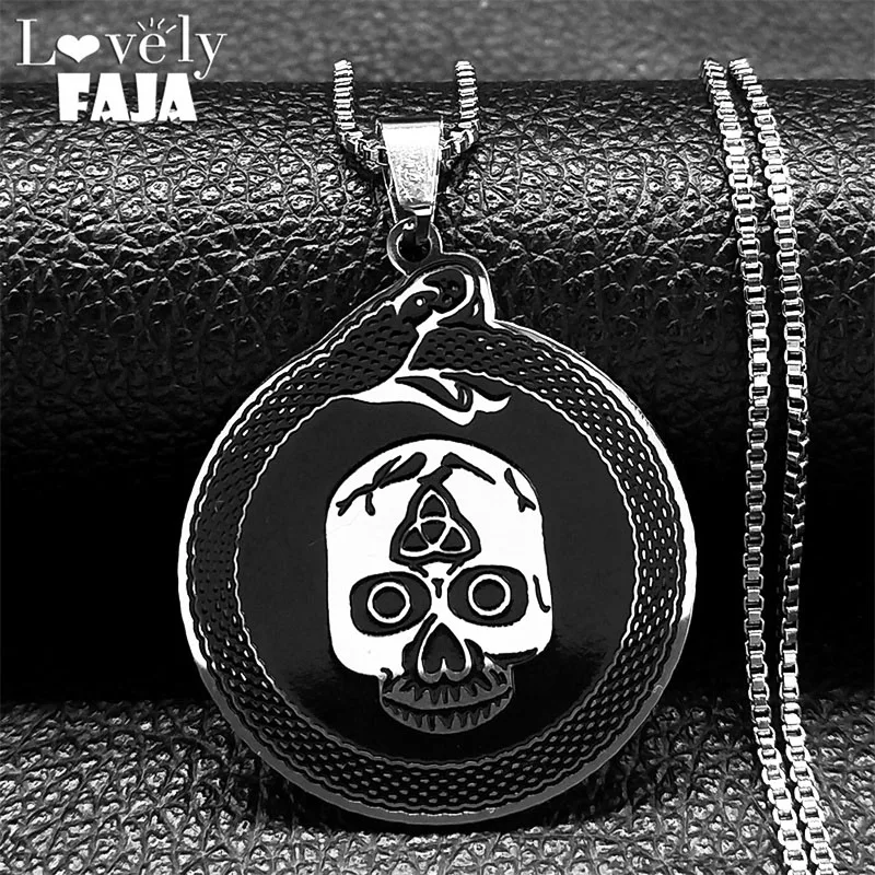 

Goth Viking Norse Ouroboros Snake Death Skull Pendant Necklace for Women Men Stainless Steel Trinity Celtic Knot Amulet Jewelry