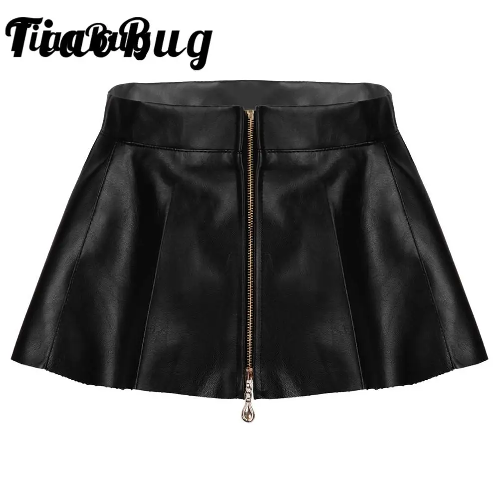Women's Black Latex Super Mini Skirts Nightclub Party Rave Pole Dancing Clothes Fashion High Waist Front Zip Pleated Sexy Skirt