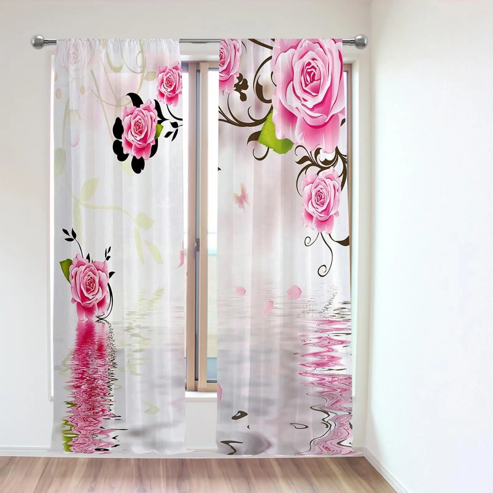 

Rose Flowers Print Sheer Curtains Drapes Multipurpose Easily Install and Slide Accessories with Grommets for Room Decoration