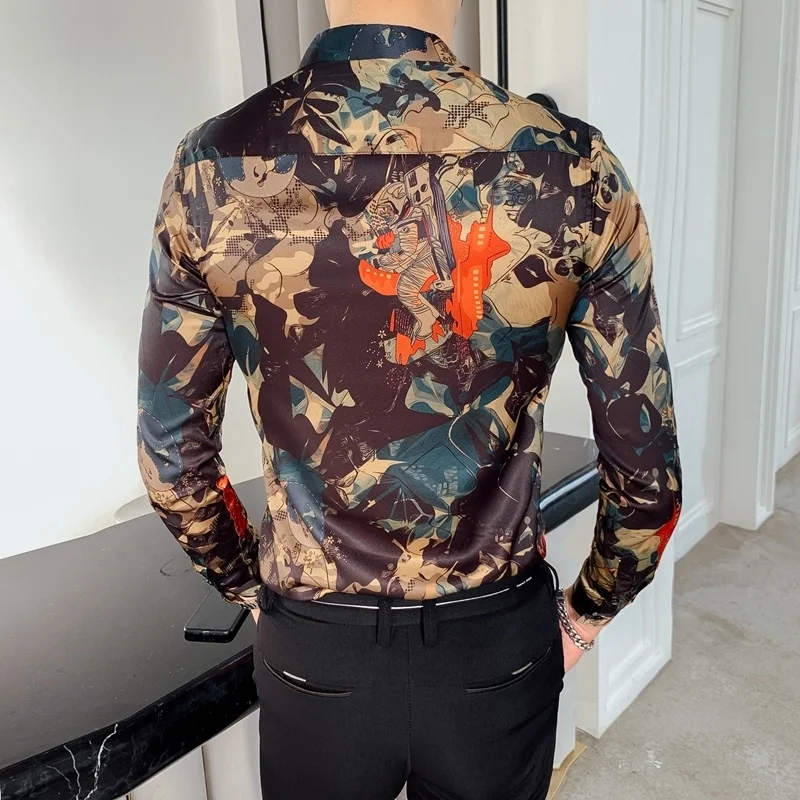 British Style Shirt Men Flower Casual Shirts Slim Fit Dress Fashion 2019 Autumn Long Sleeve Digital Print | Мужская одежда