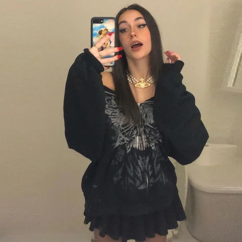 Y2K Butterfly Print Hoodies Women Gothic Grunge Long Sleeve Oversize Zip Up Hoodie Jacket Harajuku Hooded Sweatshirt Streetwear