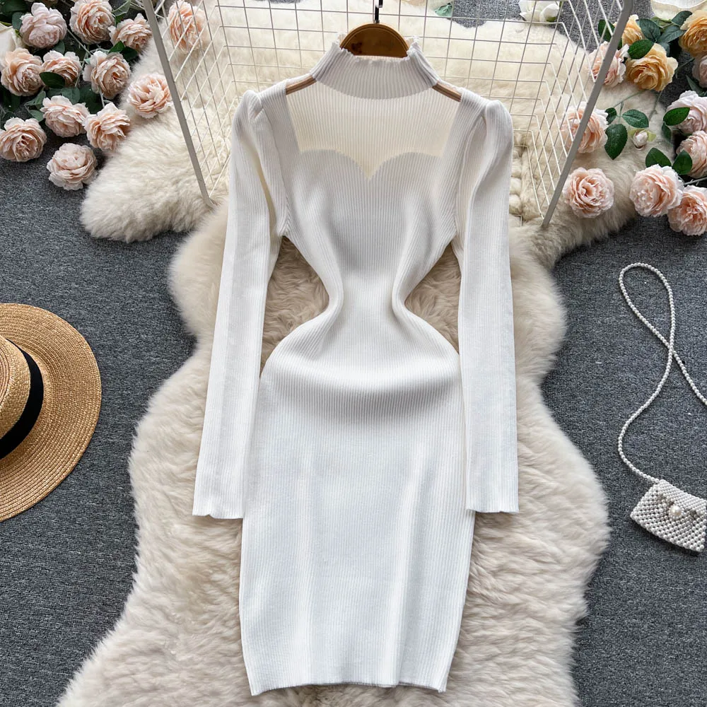 

Chic Sexy Hollow Long Sleeve Pencil Dress Elastic Halter Slim Evening Party Elegant Vestidos Women Autumn Winter Sweater Dress