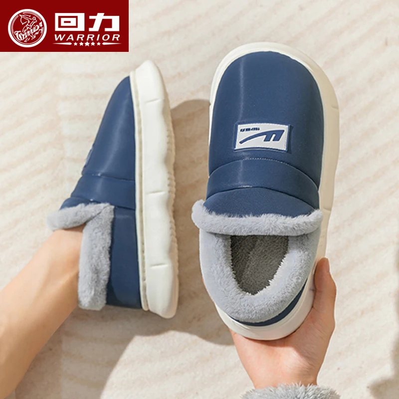 

WARRIOR 2023Winter Women Fur Slippers Waterproof Warm Slides Indoor Home Thick Sole Footwear Non-Slip Solid Couple Sandals