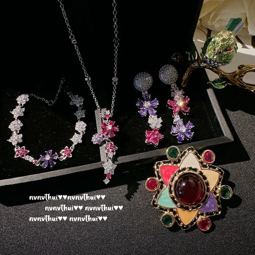 

Dream Purple Gem Flower Earrings Brilliant colorful Zircon fancy romance bracelet summer necklace banquet jewelry set