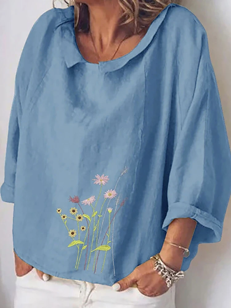 Блузка женская летняя с длинным рукавом цветочным принтом и отложным воротником