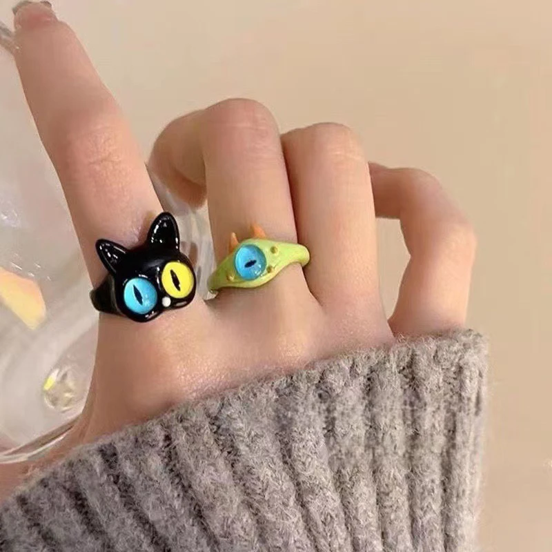 

Cute Green Monster Rings Fashion Sweet Two Color Cat Eyes Opening Adjustable Ring For Women Wedding Finger Accessories Jewelry
