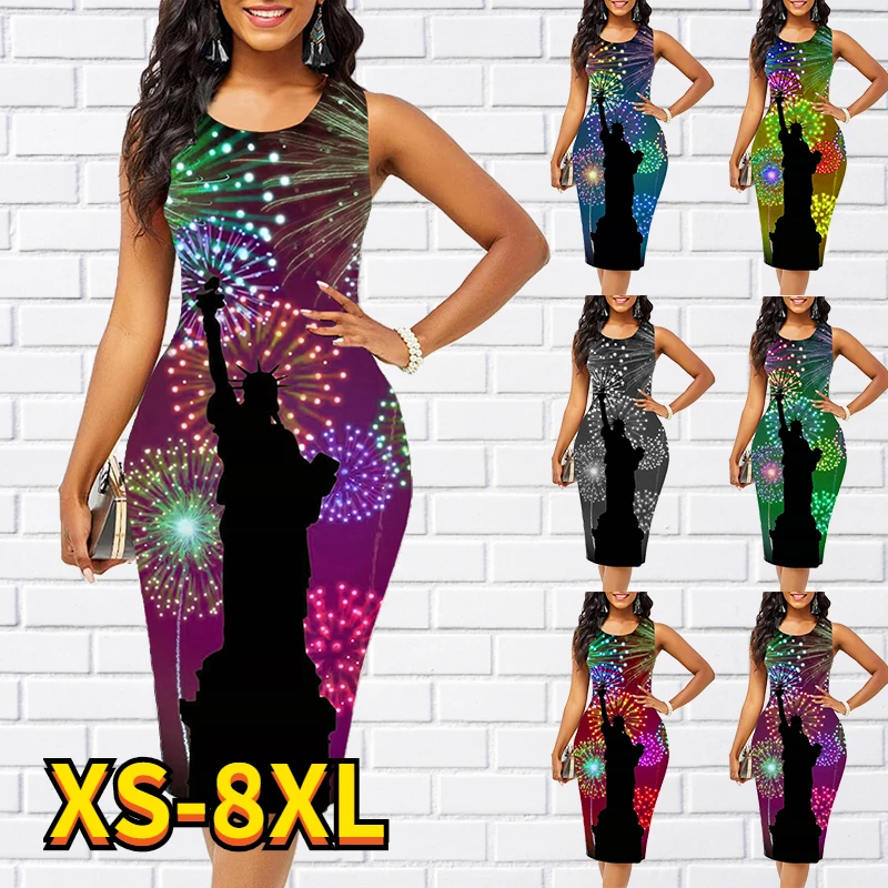 

2022 Women's Dress Skirt Green Fashion Sleeveless Floral Print Knee-Length Jumpsuit Summer Round Neck Fashion Casual Ladies Skir