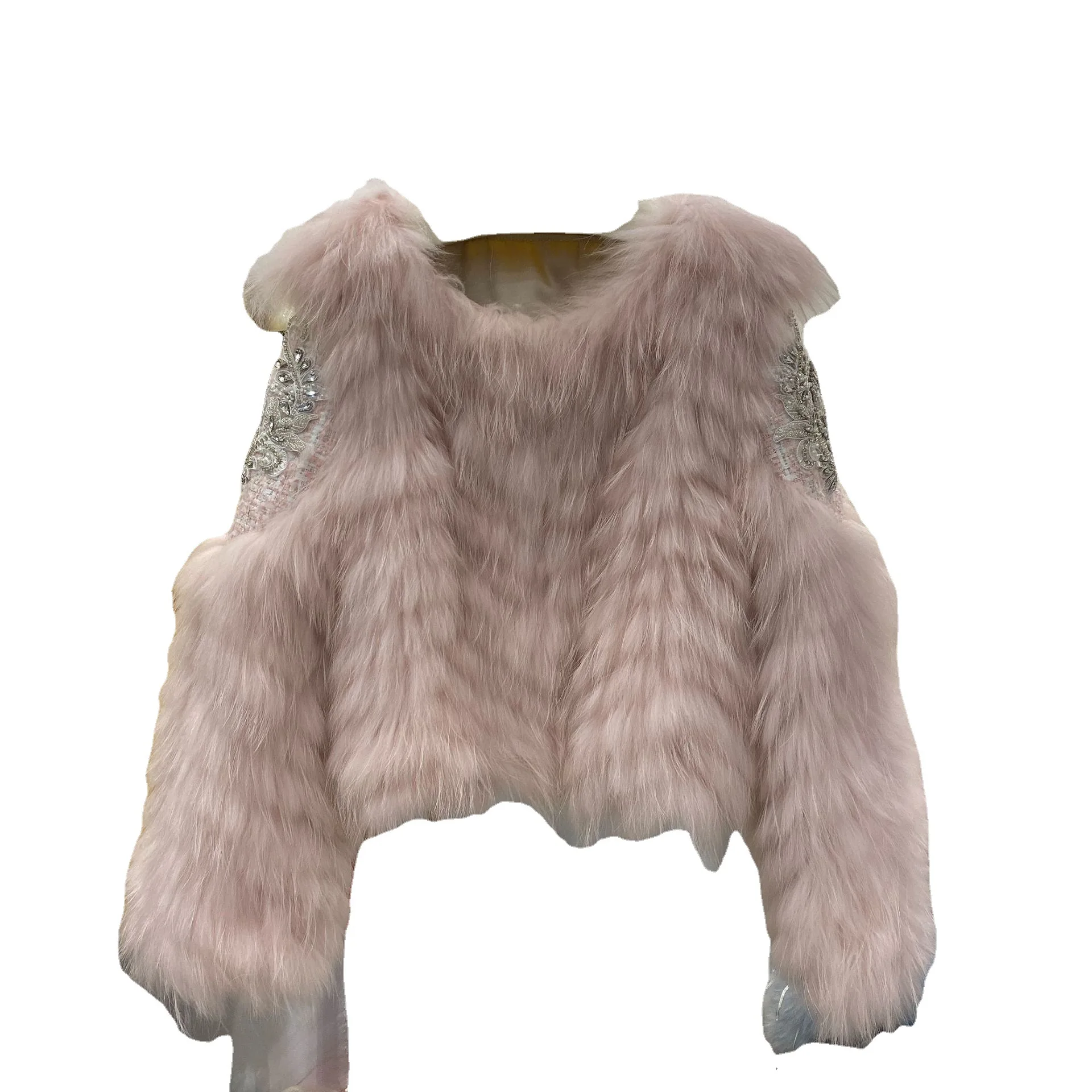 2022 New Real Fur Coat Young Women Fashion Beautiful Bling Beaded Short Fox Fur Overcoat For Autumn Winter Raccoon Fur Outerwear