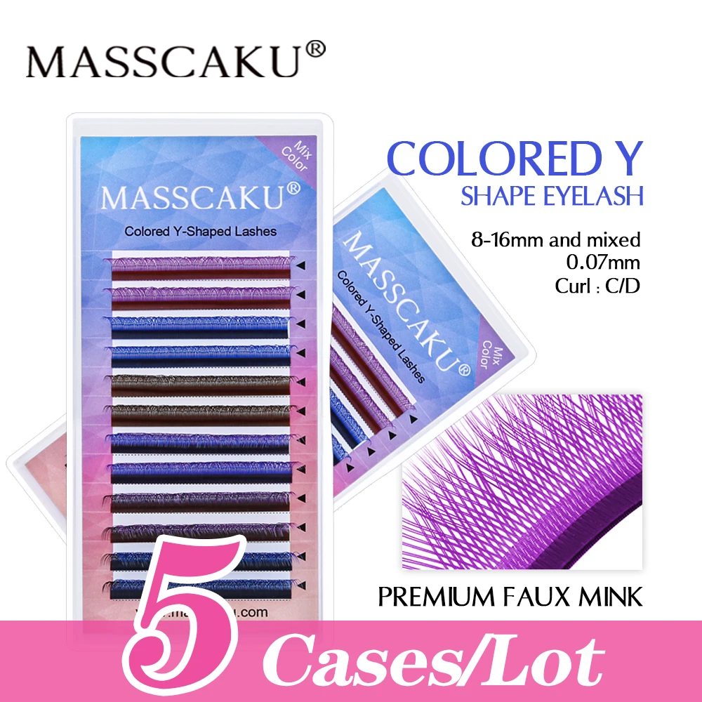 5case/lot MASSCAKU Colored YY Lashes Extension Double Tip Russian Premade Volume Fans Y Shape Hand Woven False Mink Eyelashes