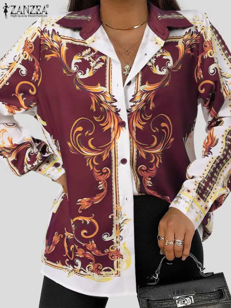 

Модная женская рубашка ZANZEA в стиле ретро, блузка с лацканами, осень 2022, топы с длинным рукавом, на пуговицах, винтажная Праздничная блузка ов...