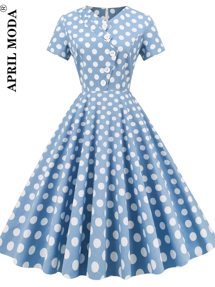 

2022 Blue Button 50s Vintage Rockabilly Swing Dress 60s Short Sleeve Robe De Cocktail Party Women Polka Dot Casual Pinup Dresses