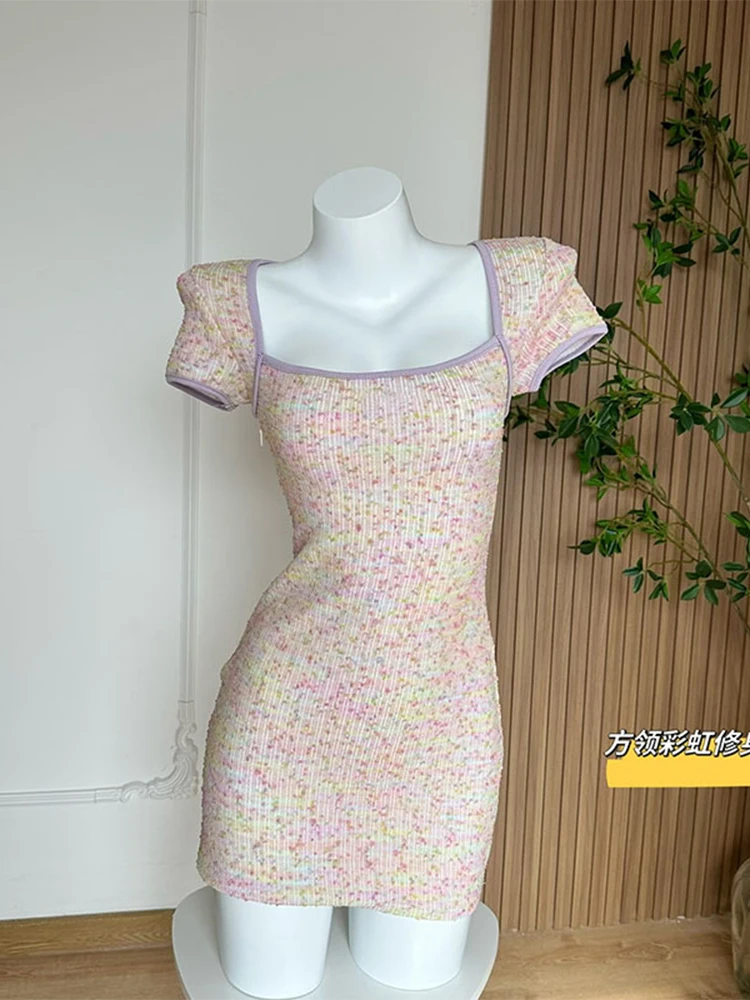 

Square Collar Vintage Rainbow Color Women Slim Dress 2023 Fashion Skinny Short Sleeve Female Mini One-Piece Spring Summer New