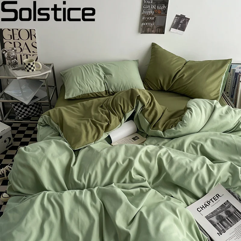 Solstice Home Textile King Twin Bedding Sets Kid Teen Bedlinen Solid Light Green Duvet Cover Bedroom Flat Bed Sheet Pillowcases