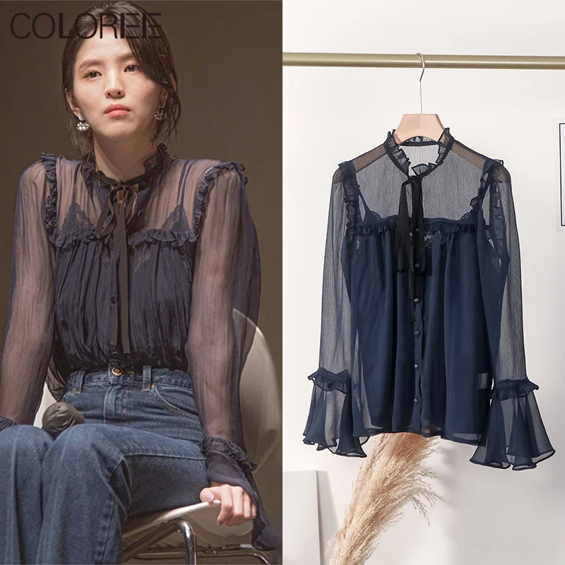 

Женская винтажная Блузка с оборками и длинным рукавом, элегантная темно-синяя шифоновая блузка в Корейском стиле, 2022