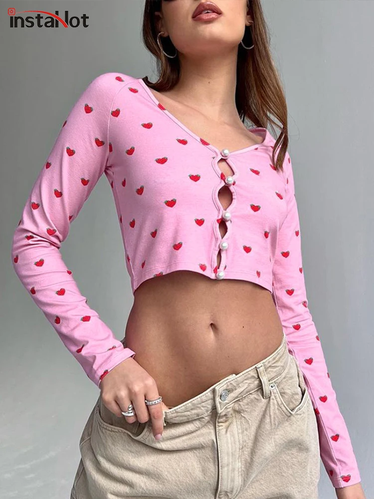 

InstaHot Kawaii Sweet Pearl Print T Shirts Women Sexy Hollow Out Long Sleeve Crop Top Y2K Autumn Casual Chic Fashion Office Lady