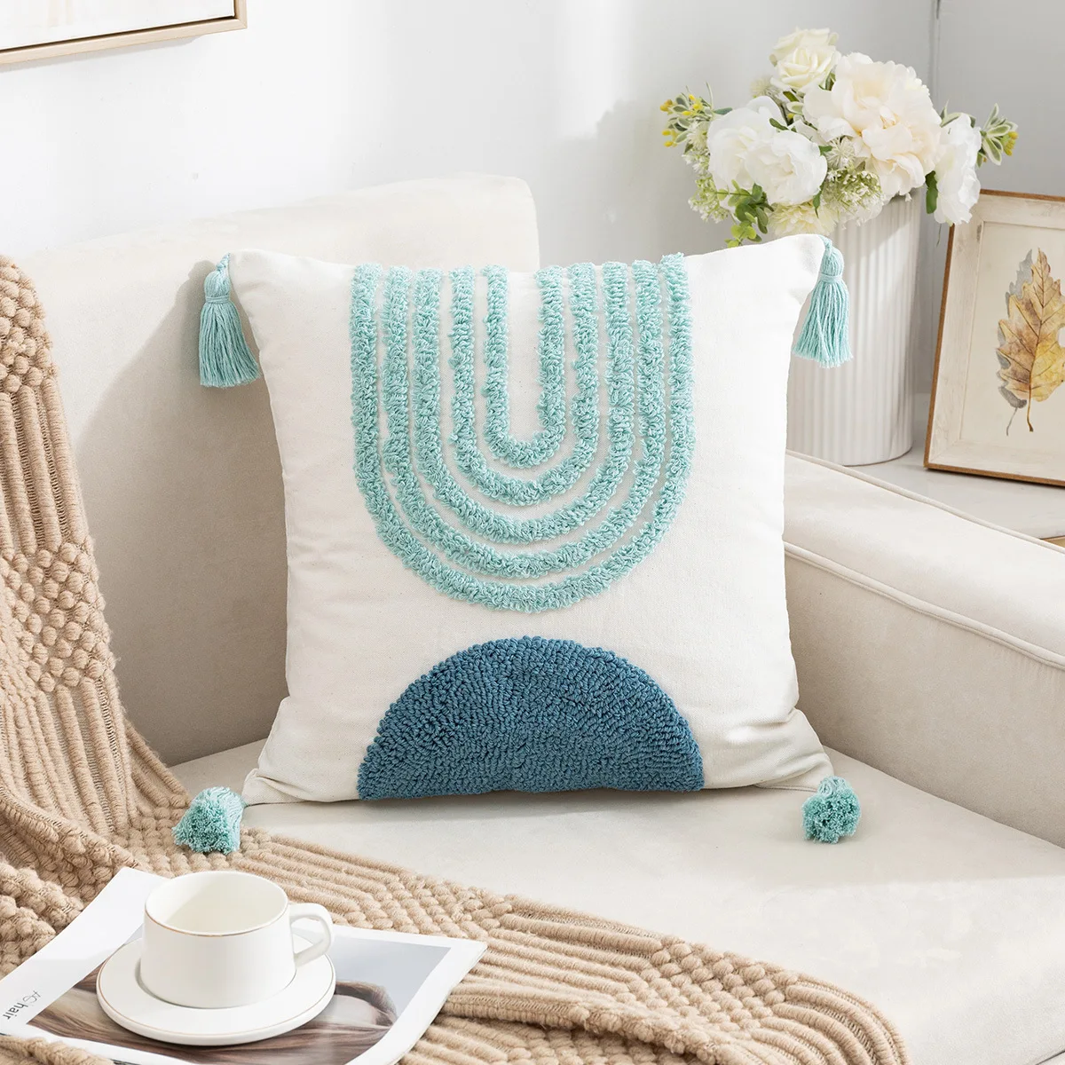 

Синяя стеганая геометрическая подушка из хлопка/полиэстера 45x45 см