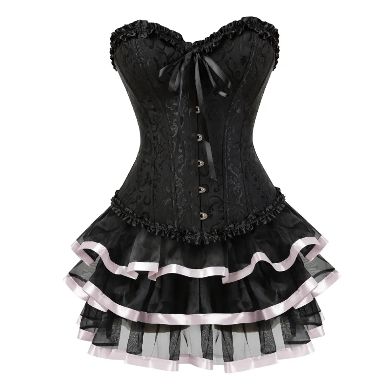 Black Corsets Dress for Women Plus Size Overbust Corset with Tutu Skirt Set Burlesque Corselet Victorian Retro Gowns Costumes