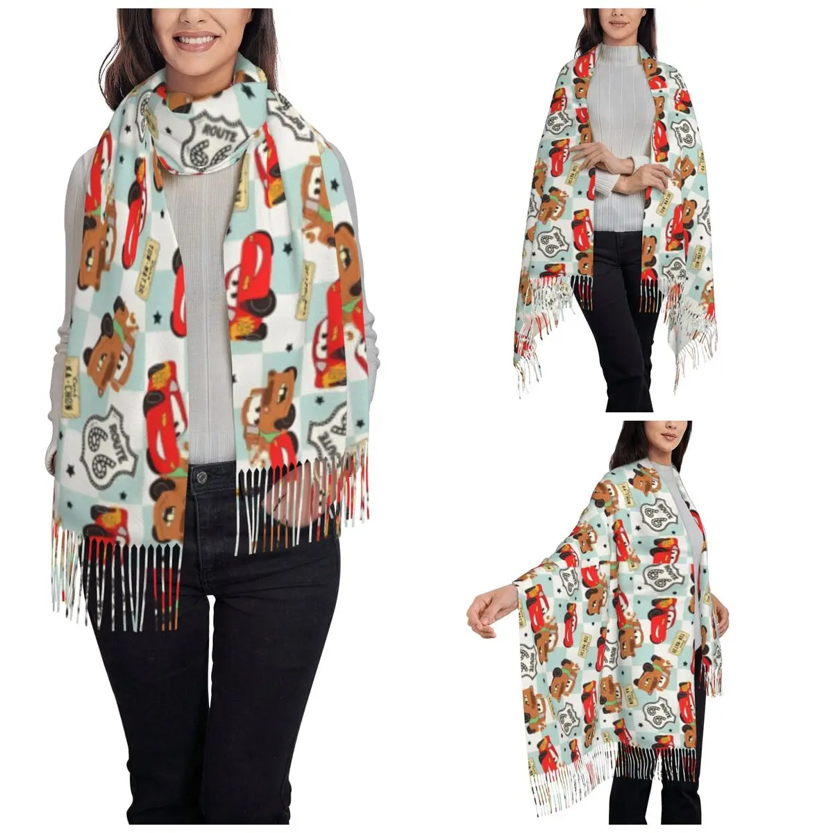 Женский шарф с кисточками Cars Lightning McQueen Mater Route 66 длинная мягкая теплая шаль и
