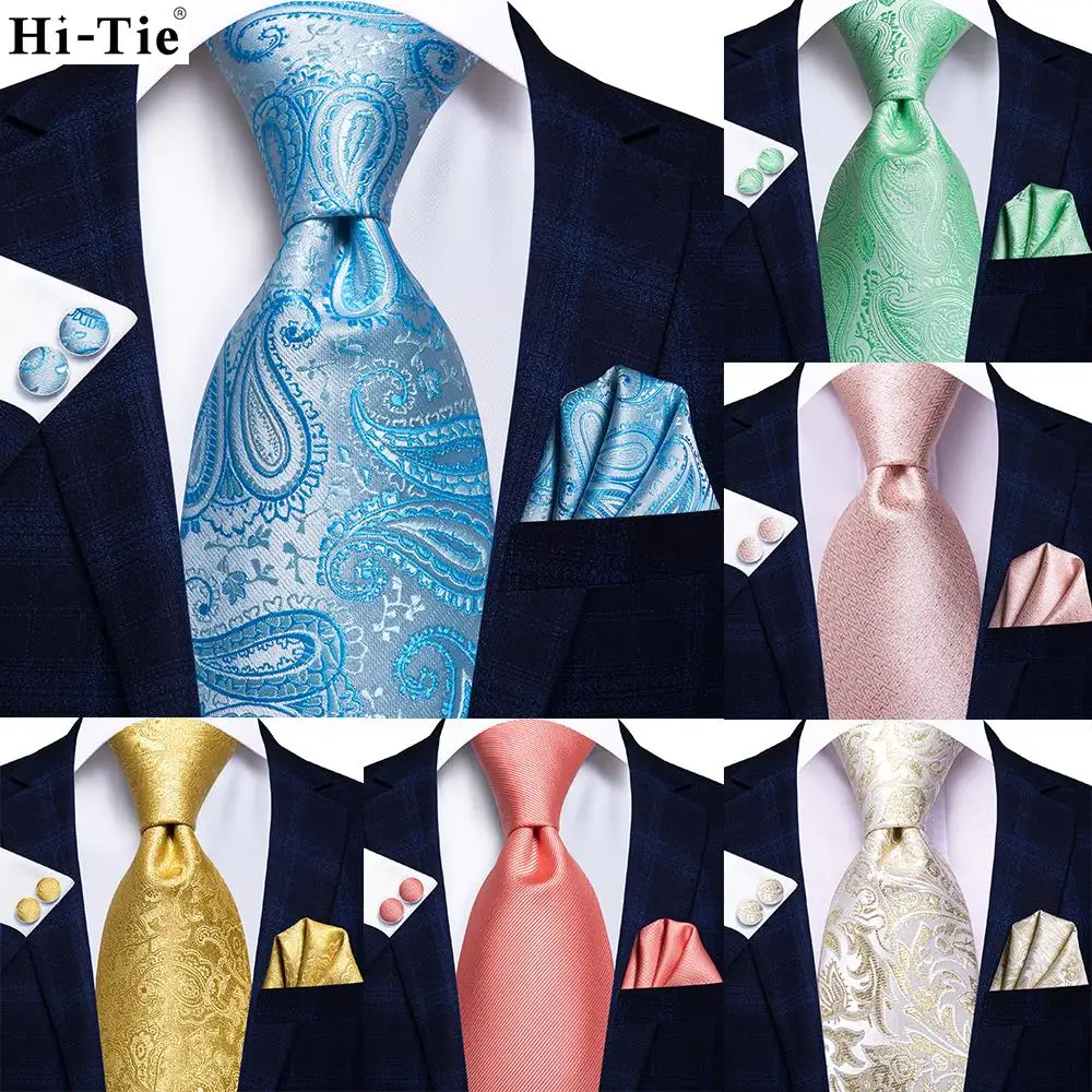 

Hi-Tie Mens Silk Wedding Tie Light blue Mint Pink Paisley Solid ashion Design Gift Necktie For Men Hanky Cufflink Business Party