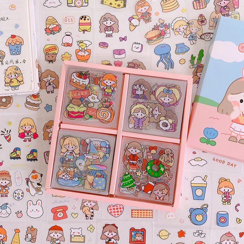 

Cartoon Stickers Cute Decorative Patterns Girl's Heart Gift Box Waterproof Sticker Welf - Adhesive Children Ledger Paster