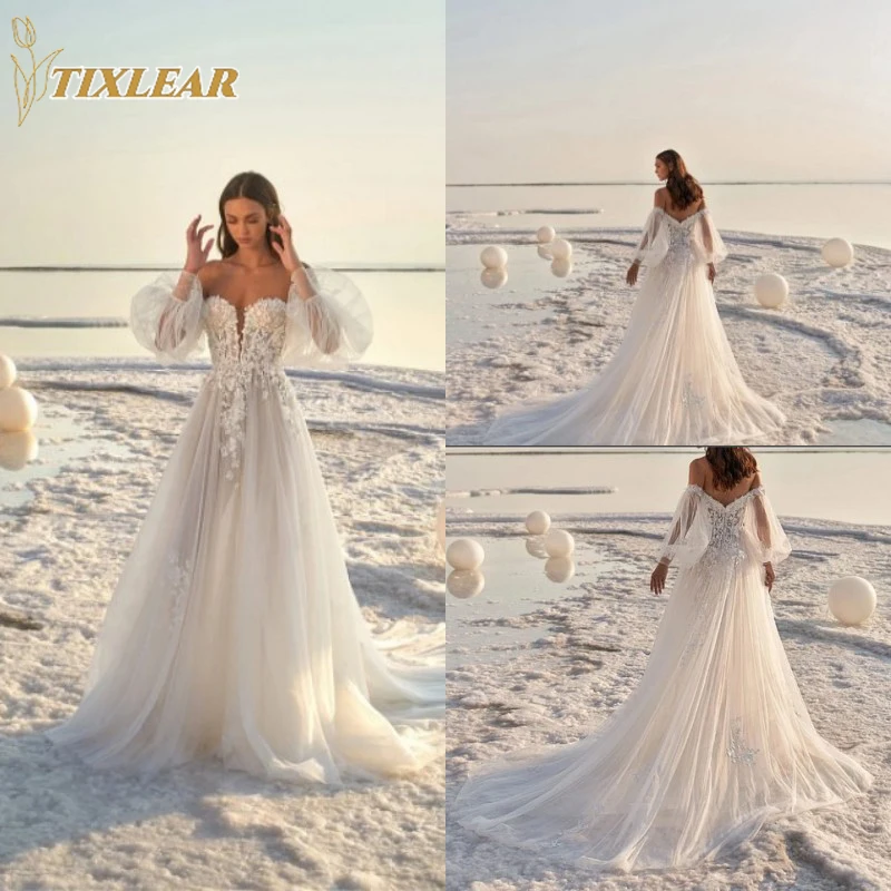 

TIXLEAR Beach Wedding Dresses Sweetheart Off The Shoulder Lace Appliques Tulle Bridal Gowns A-Line Sweep Train Vestido De Novia