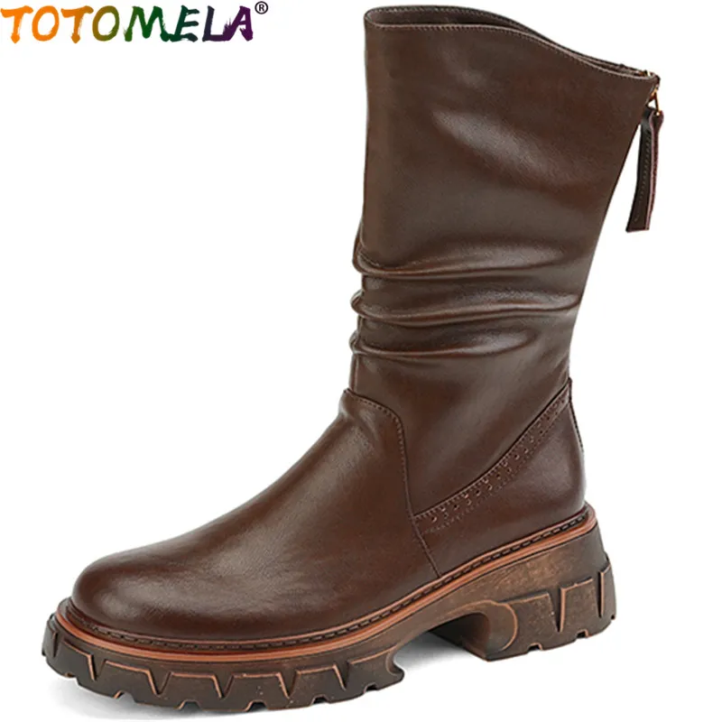 

Женские Плиссированные сапоги в стиле ретро TOTOMELA, зимние сапоги до середины икры из натуральной кожи на толстом высоком каблуке и платформе, 2022