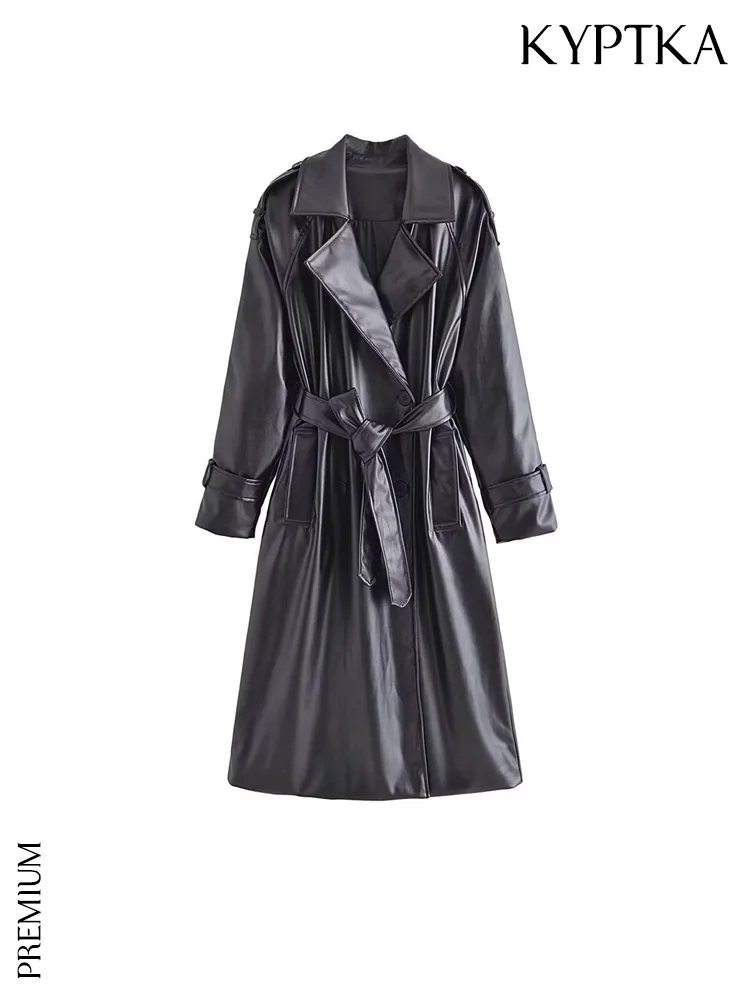 

KYPTKA Women Fashion With Belt Faux Leather Trench Coat Vintage Long Sleeve Flap Pockets Female Outerwear Chic Overcoat