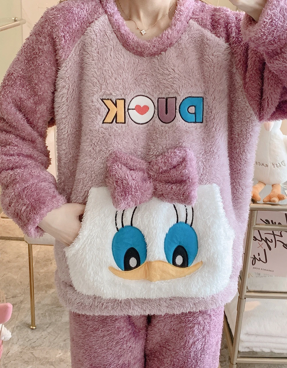 Winter Flannel Pajamas Set For Women Cute Duck Plush Soft Sleepwear Warm Thick Pyjama Two Pieces Animal Cartoon Cosplay Homewear