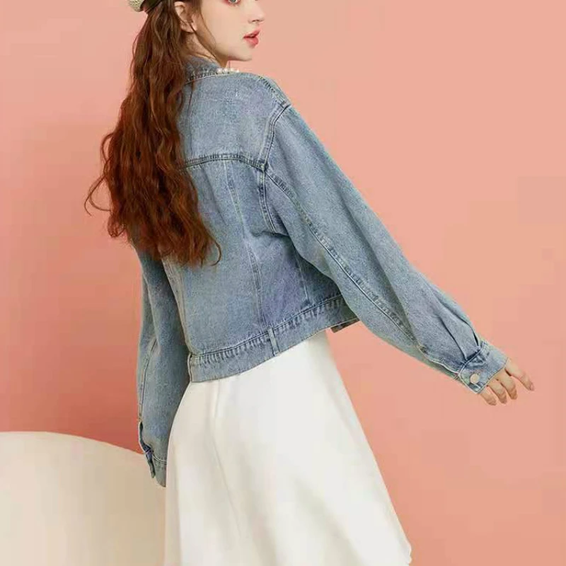 Куртка женская джинсовая укороченная свободная базовая модная уличная одежда из