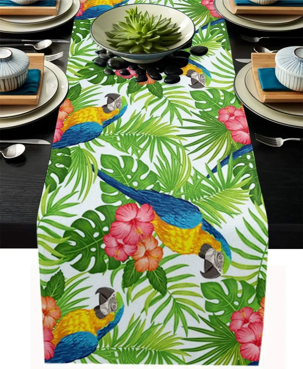 

Зеленые тропические растения в виде попугаев, льняные настольные дорожки, моющиеся настольные дорожки, декор для кухонного стола