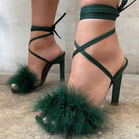 fashion sexy high heel sandals for women summer new fur gladiator sandals ankle strap thin heels plus size 43 ladies sandals