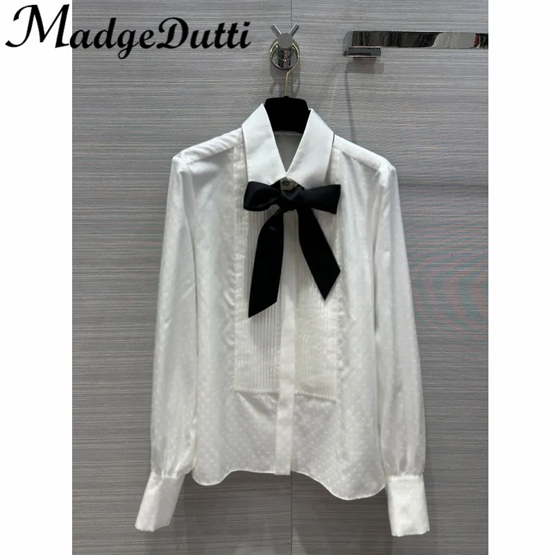 

1.12 MadgeDutti High Quality Elegant Contrast Color Bow Pleated Spliced Argyle Letter Jacquard Long Sleeve Silk Shirt Women