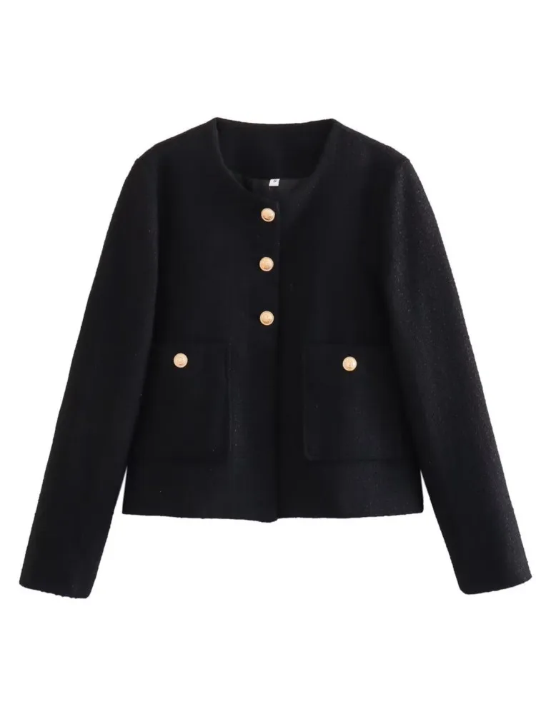 Женская короткая куртка с круглым вырезом однотонная офисная металлическими