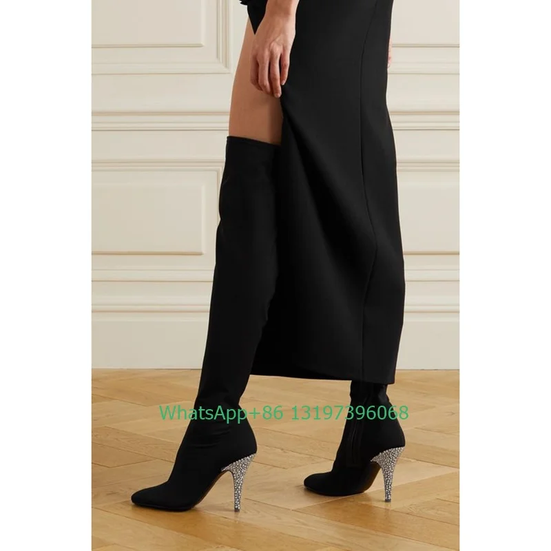 

Женские сексуальные сапоги на шпильке с острым носком стразы сапоги выше колена эластичные вечерние классические сапоги обувь размер 46