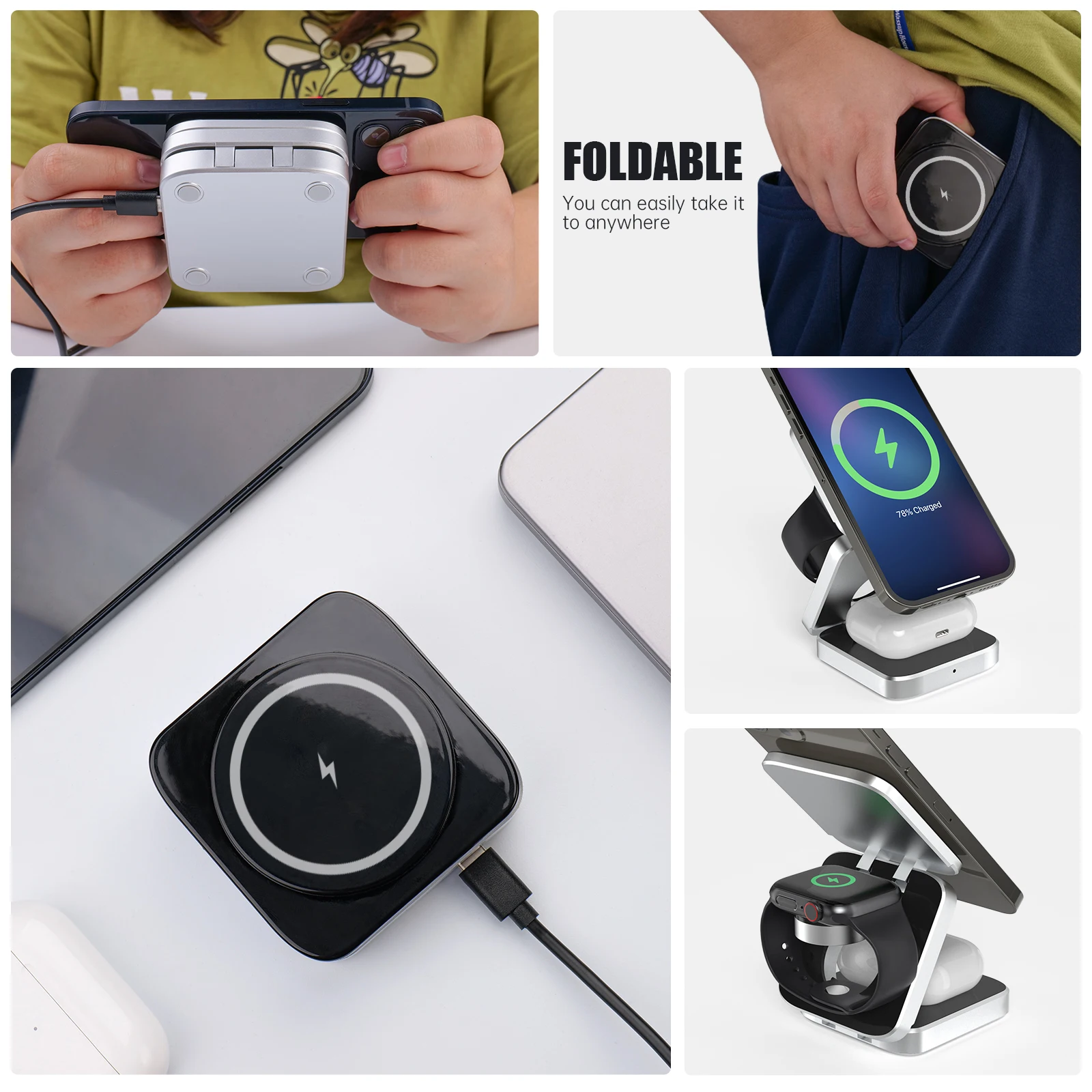 Portable 3 in 1 Foldable Wireless Charger Stand Dock for iPhone 14 13 Holder Magnetic Fast Charging Station for Apple Watch S8