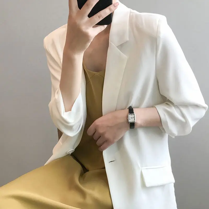 2023 Summer Chiffon Small Suit Jacket Women Thin Hang Loose Casual Slim Mid-length White