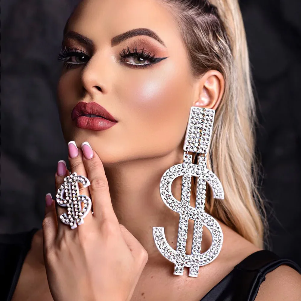 Novelly Rhinestone Super Large Dollar Icon Pendant Dangle Earings for Girl Crystal Geometric Statement Drop Earrings Accessories