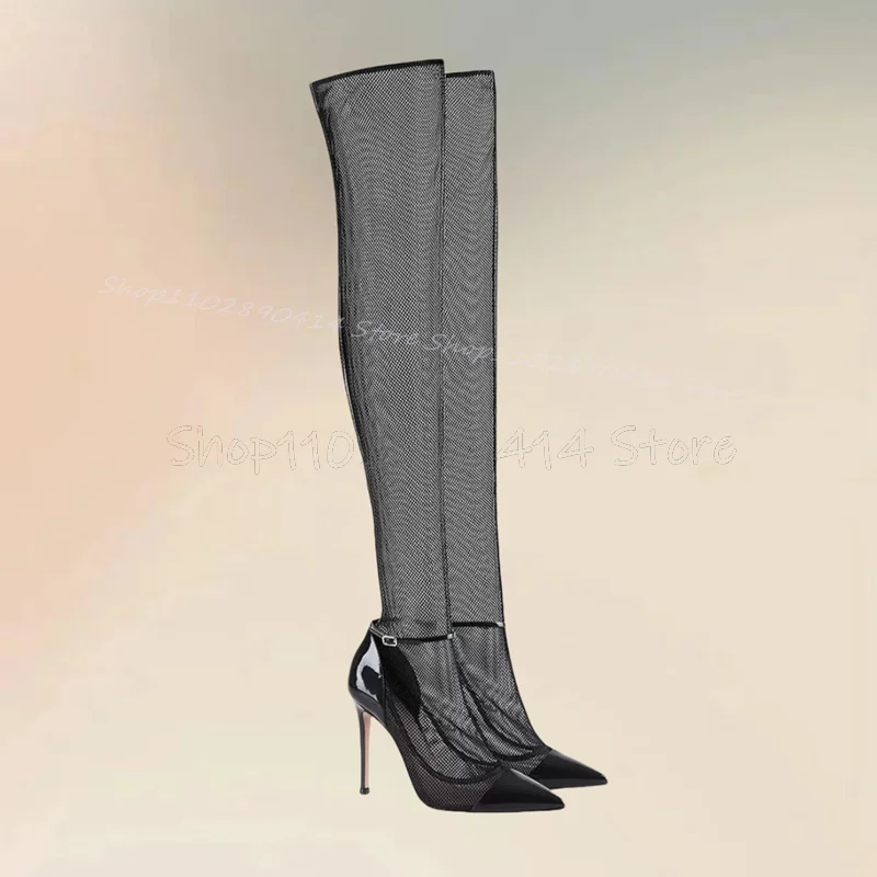 Женские ботинки из лакированной кожи черные сетчатые с острым носком и ремешком