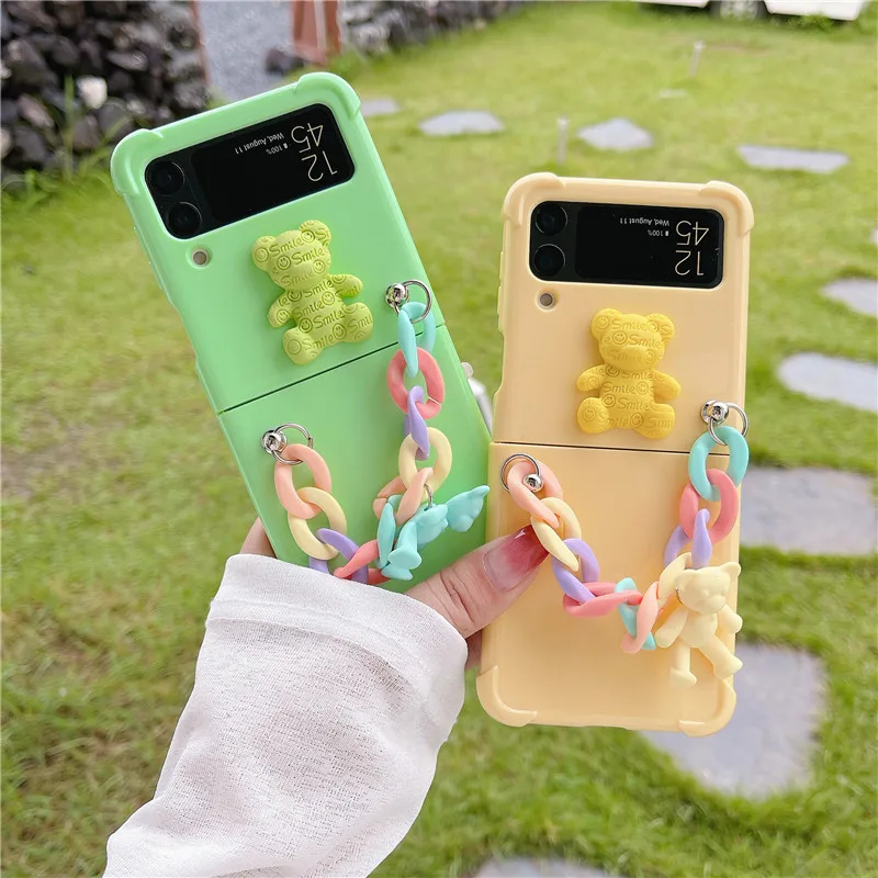 

Милый 3D яркий цветной медведь, мягкий чехол для телефона из ТПУ для Samsung Galaxy Z Flip 4 3 5G, чехол-книжка через плечо с красочными бусинами, ожерелье...