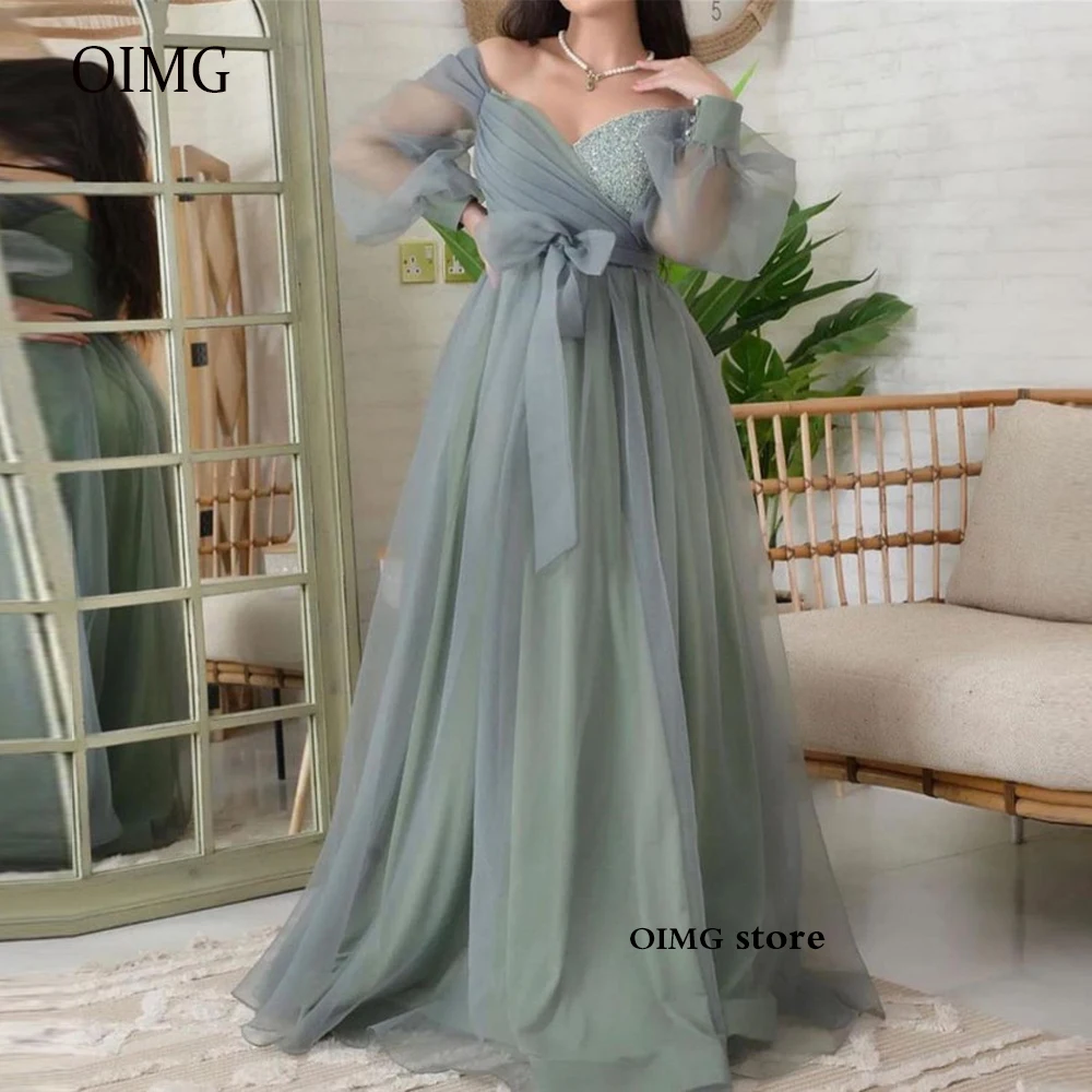 

OIMG Dusty Off the Shoulder Puff Long Sleeves Organza Evening Dresses Plus Size Shiny Sequin Bow Sash Arabic Women Prom Gowns