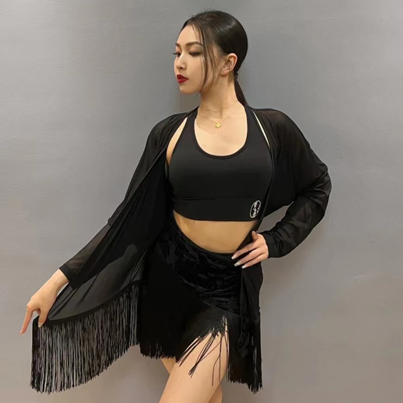 

Summer Latin Dance Clothes For Women Tassel Coat Black Vest Fringe Skirt Adult Latin Practice Wear Rumba Samba Costume DNV17832