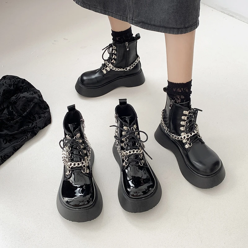 

2023 Fashion Lace Up platform ankle Boots Womens Shoe Chain motorcycle punk Boots Woman Goth Short Boots Black