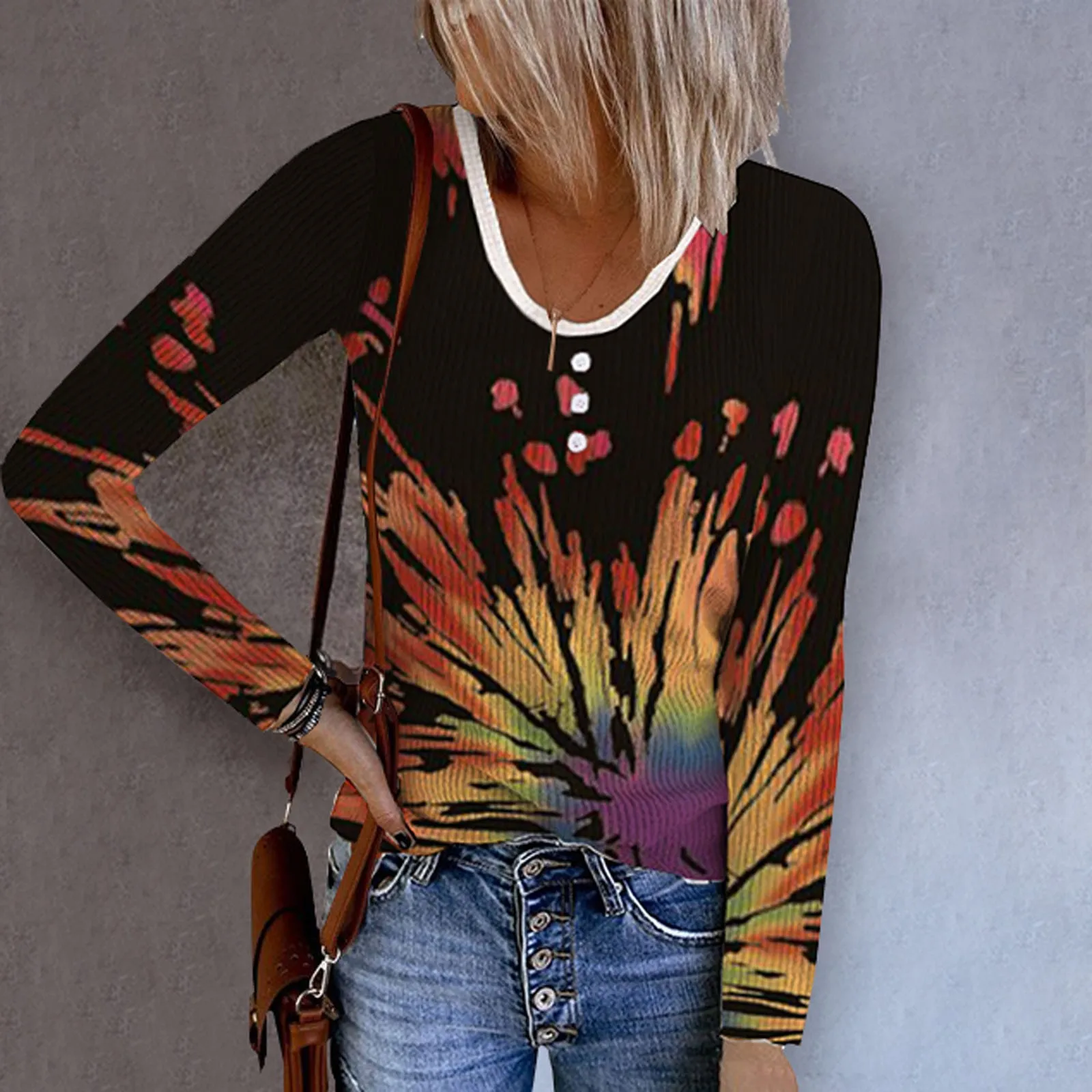 

Women's Long Sleeve Crew Neck Ribbed Knit Button T Shirts Printed Autumn Top Vestidos Robe Femme