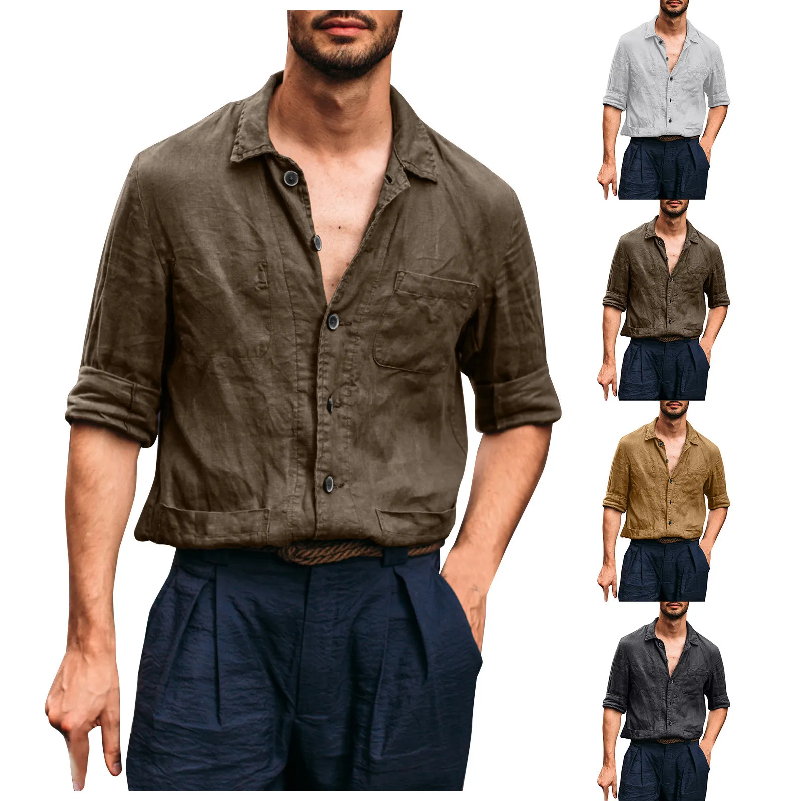 

high quality Designer Shirts Spring Summer Men's Loose Stand Collar Shirts Casual Cotton Linen Solid Color Long Sleeve Shirts