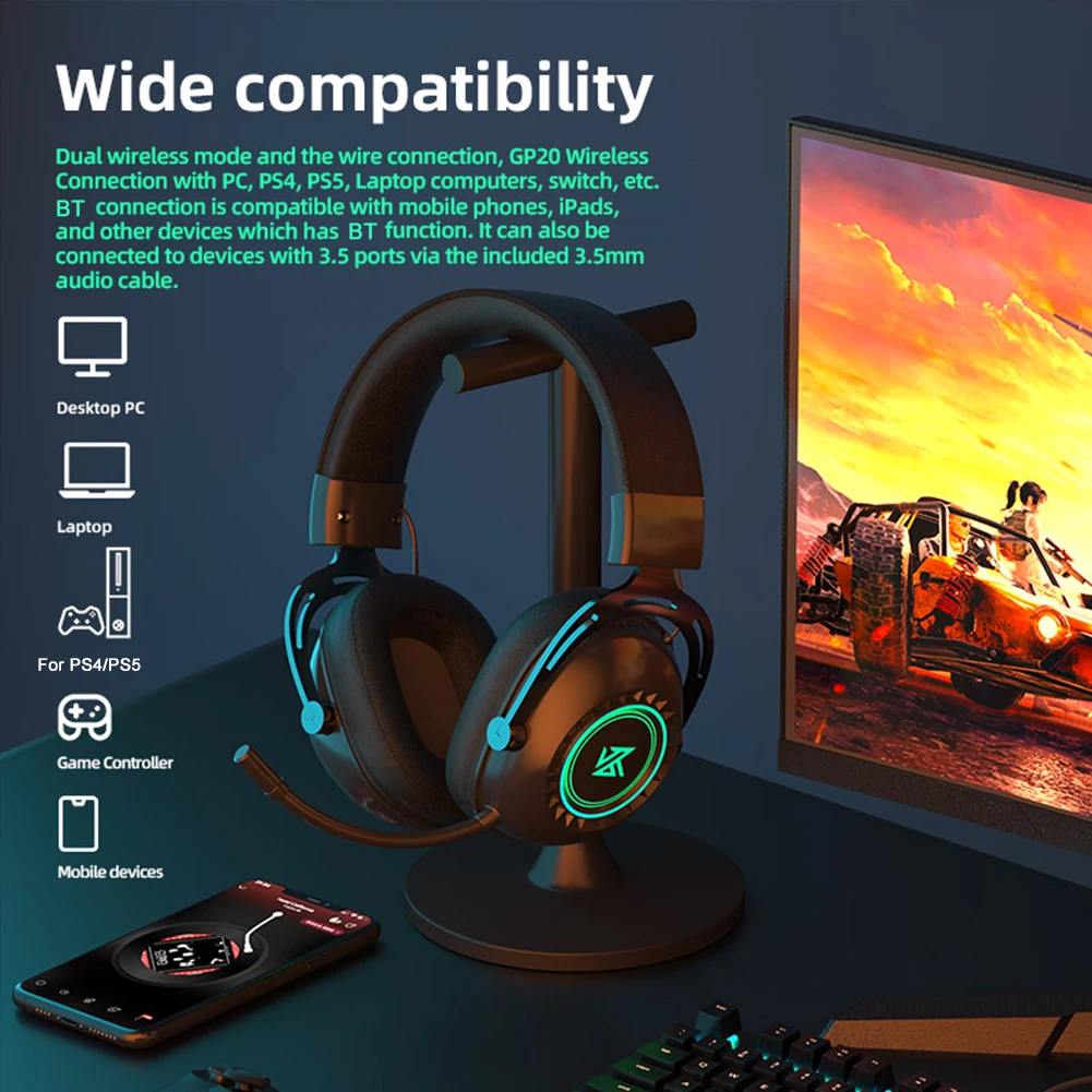 

KZ-GP20 Game Headphones Noise Cancelling 2.4G Wireless Gaming Headset 1200mAh Bluetooth-Compatible 5.0 with RGB Light