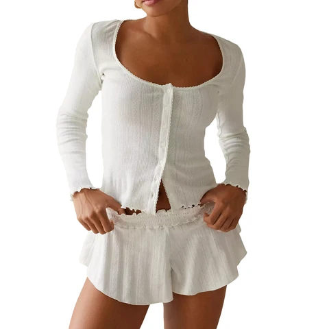 Пижамный комплект женский из двух предметов, однотонный кружевной топ с круглым вырезом и длинным рукавом, на пуговицах, одежда для отдыха, футболка и шорты